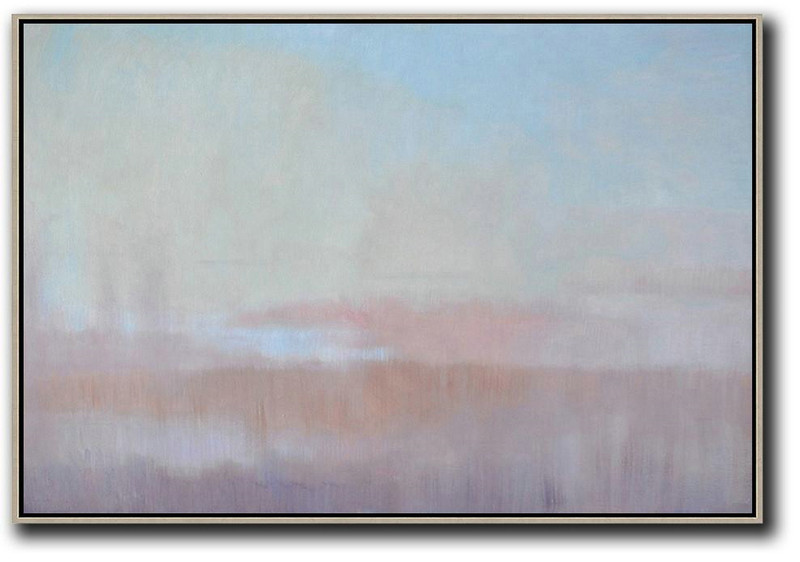 Horizontal Abstract Landscape Oil Painting On Canvas,Abstract Art Decor Large Canvas Painting,Sky Blue,Pink,Light Blue,Purple